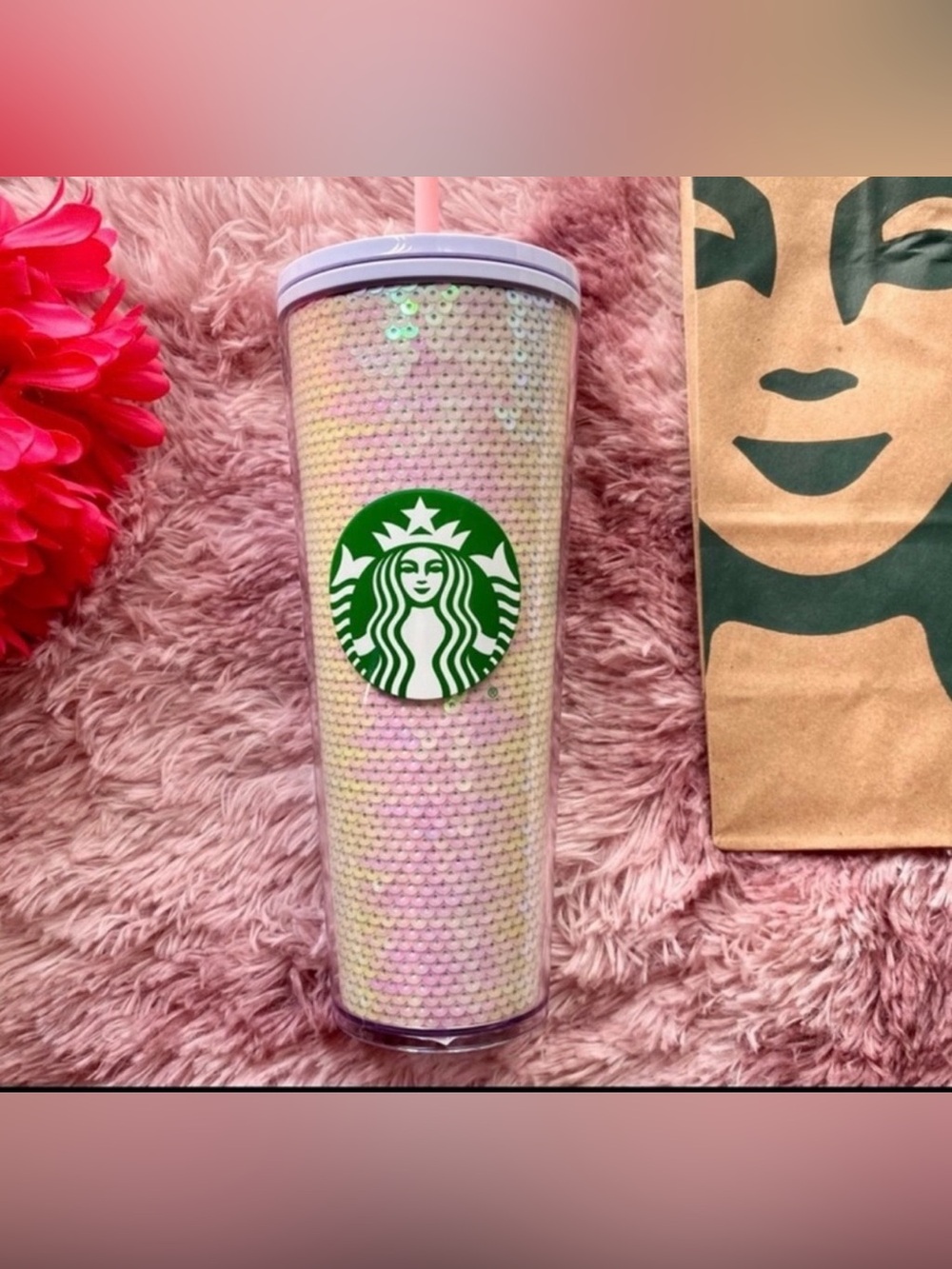 Starbucks Sequin Pink/White and Iridescent Holiday 2020